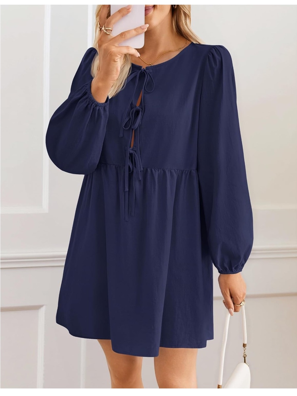 Long Sleeve Navy Tie-Front Babydoll Dress